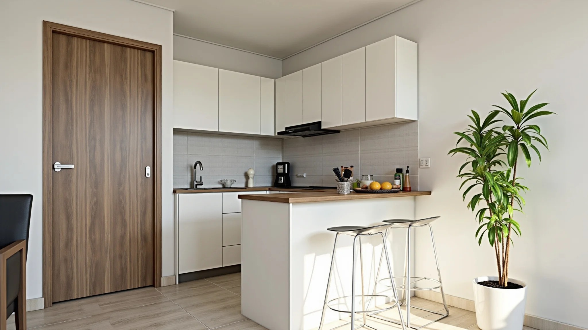 Cozinha de apartamento pequena, organizada com prateleiras e móveis planejados.