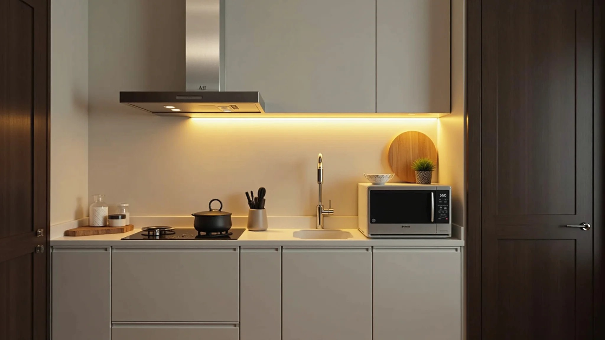 Reforma de cozinha de apartamento com foco na iluminação e luminárias de LED.