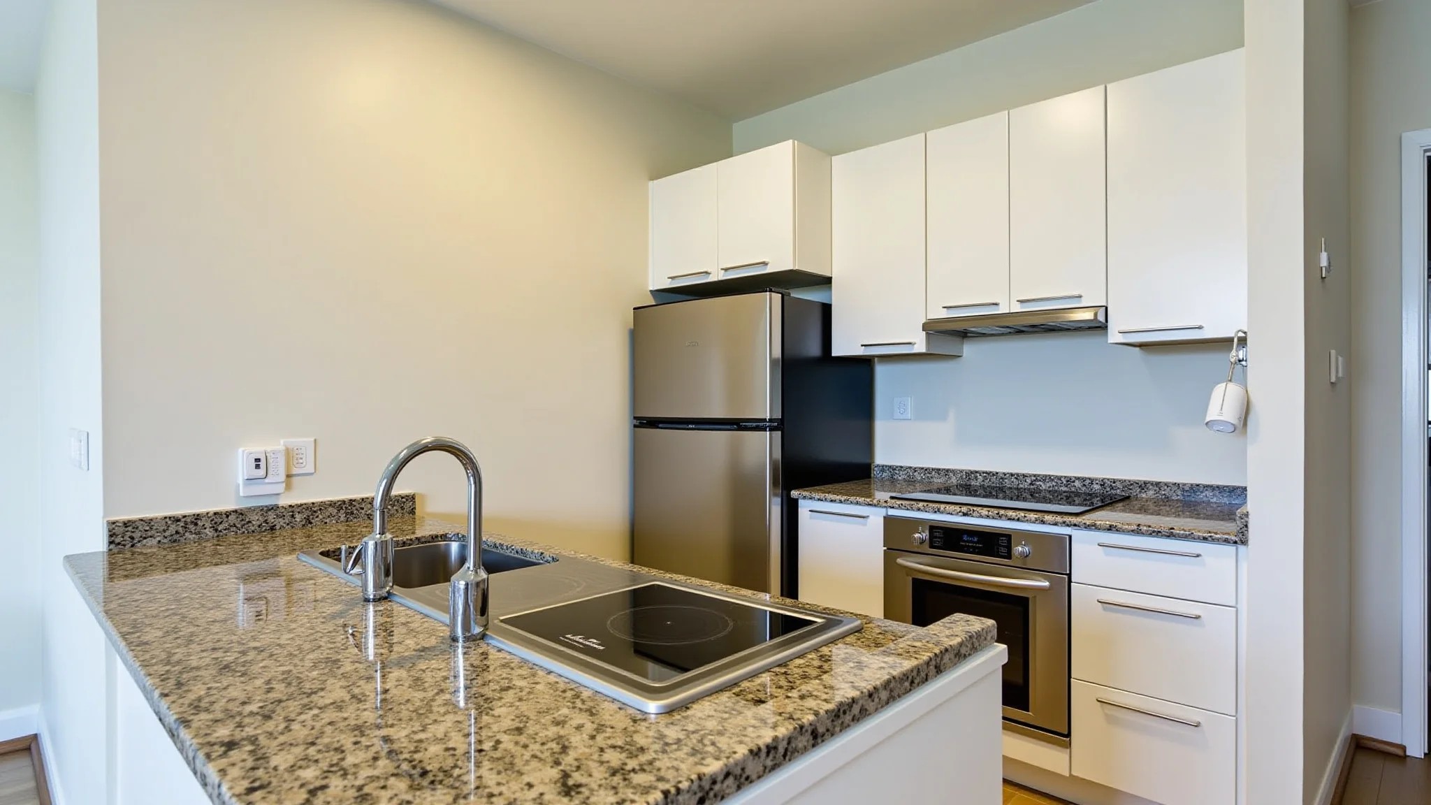 Cozinha de apartamento reformada com bancada de granito e eletrodomésticos modernos.