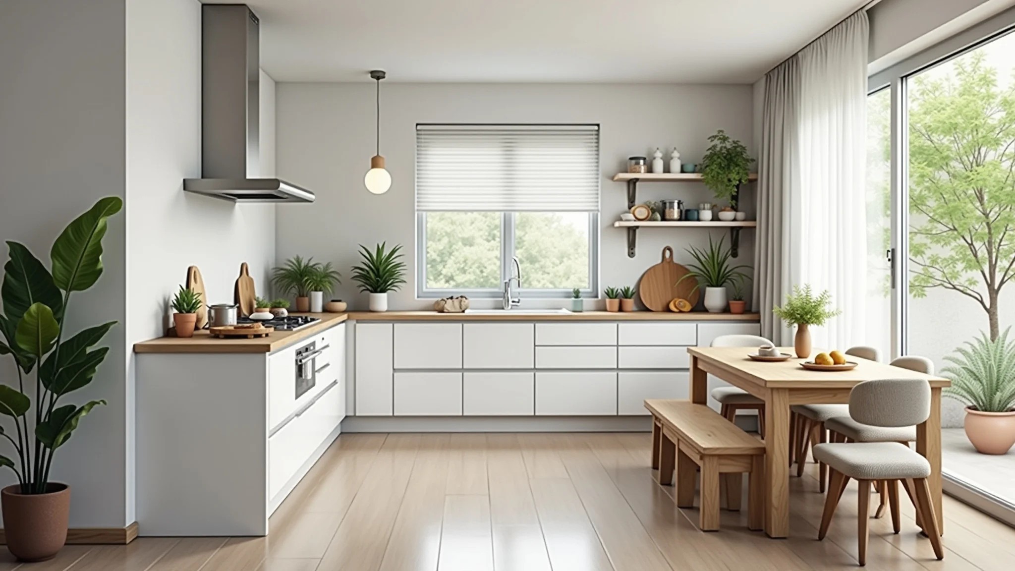 Cozinha de apartamento reformada com cores claras e armários brancos.