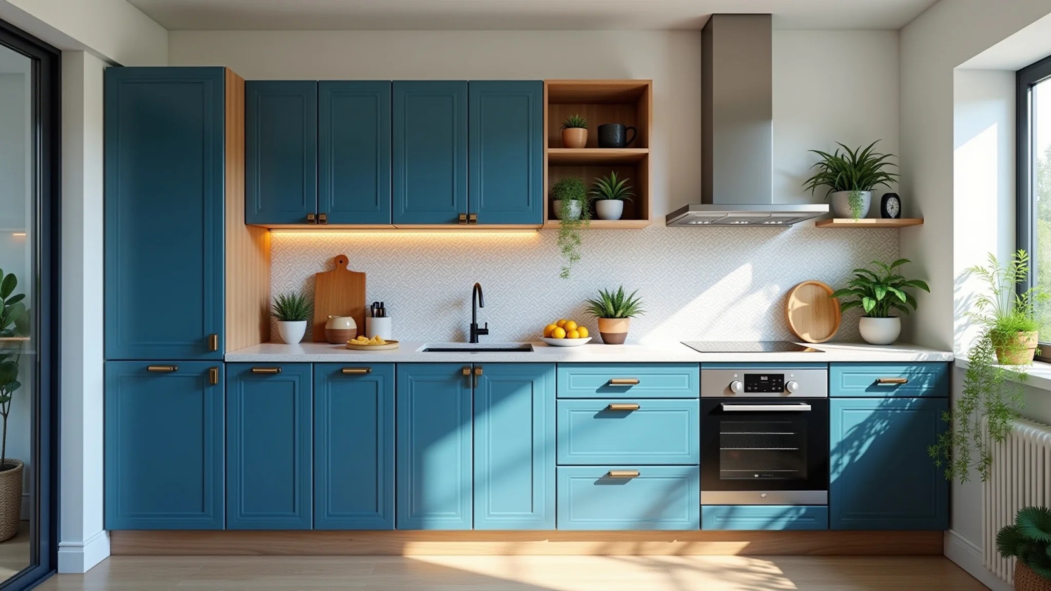 Cozinha de apartamento com armários azuis vibrantes e backsplash estampado.