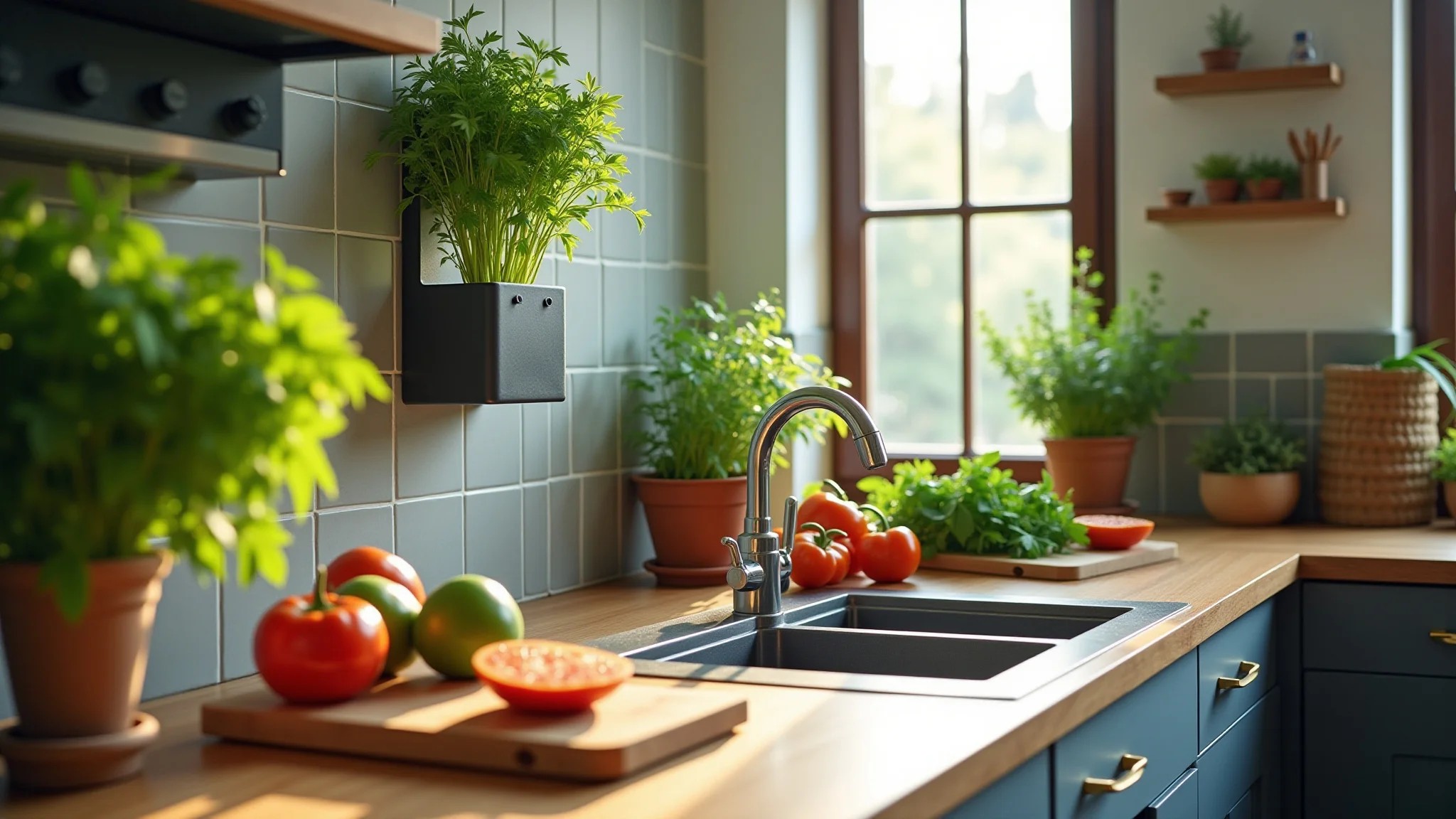 Cozinha de apartamento com jardim vertical de ervas frescas para cozinhar.