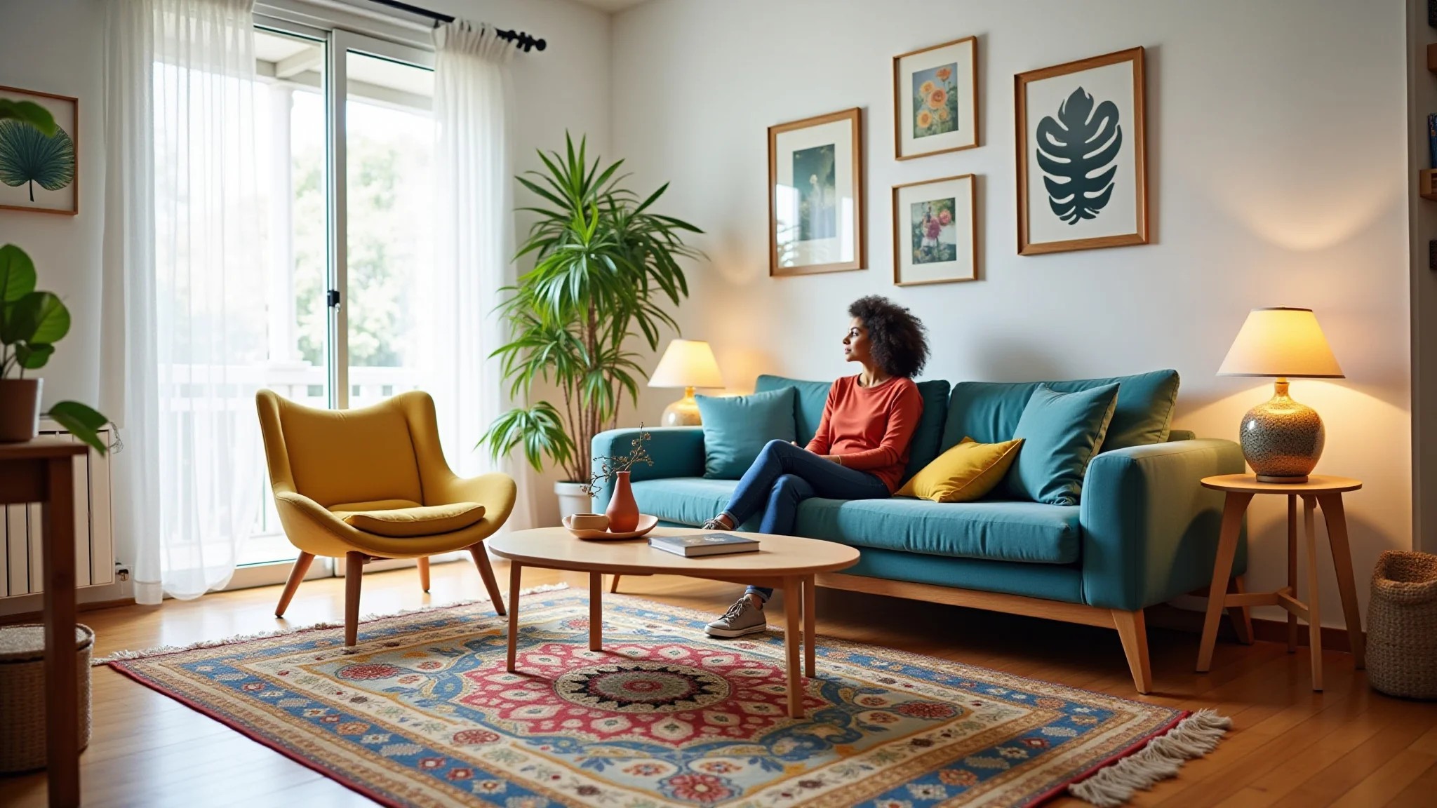 Sala de apartamento com tapete colorido e decoração acessível, mulher sorrindo.
