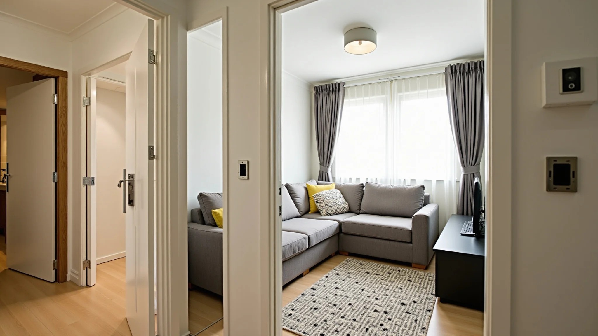 Sala de apartamento com sofá-cama aberto e tapete estampado.