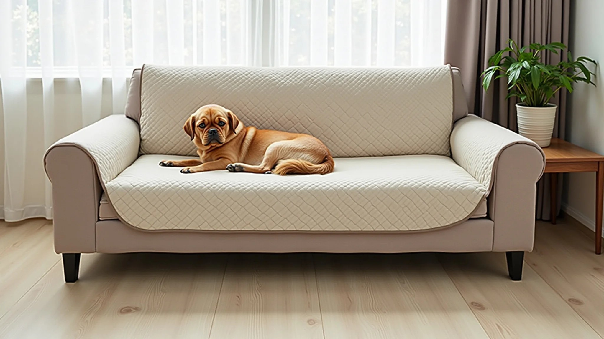 Sala de apartamento com sofá cama, cão pequeno e capa protetora.