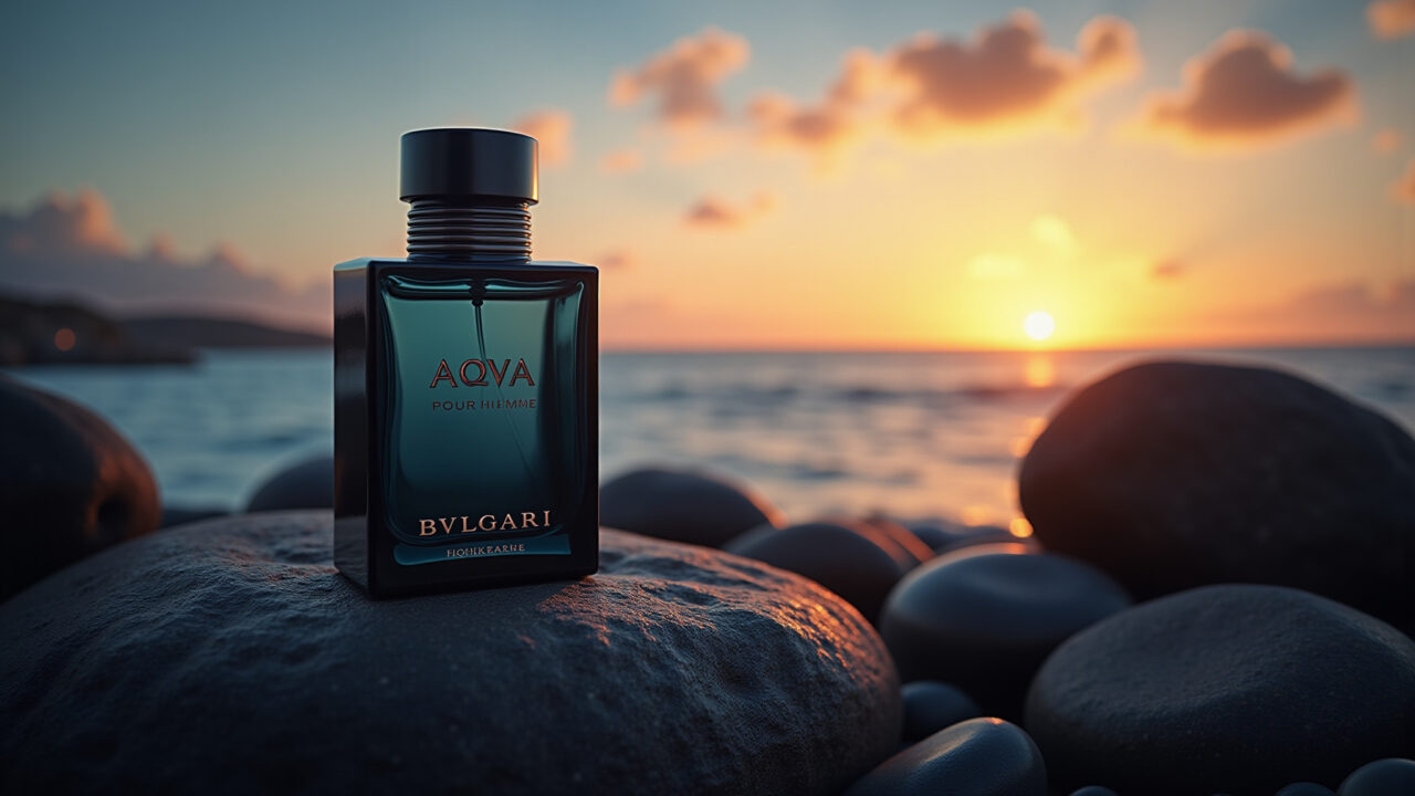 Frasco do perfume Aqva Pour Homme em rochas à beira-mar.