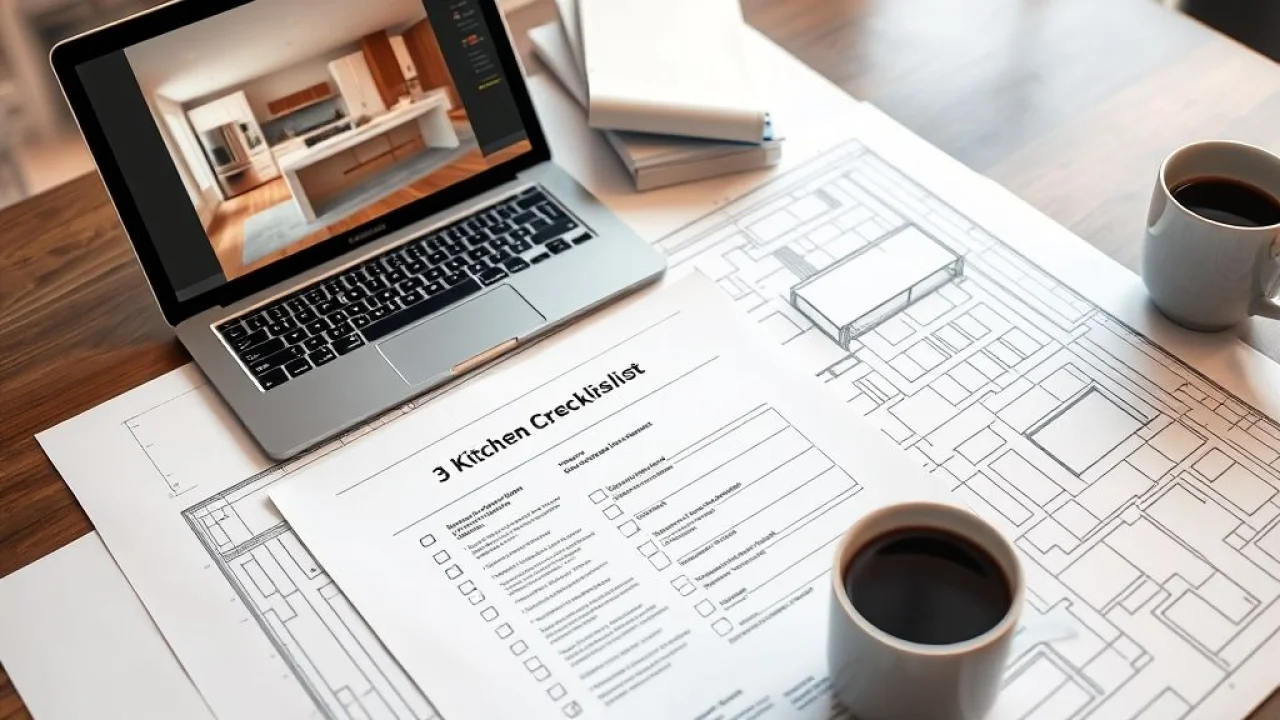 Planta de reforma de cozinha com checklist de segurança e renderização 3D.