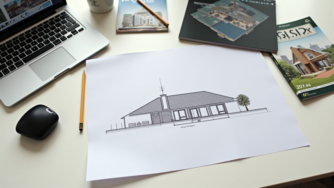 Planta de casa arquitetônica detalhada em mesa de escritório.