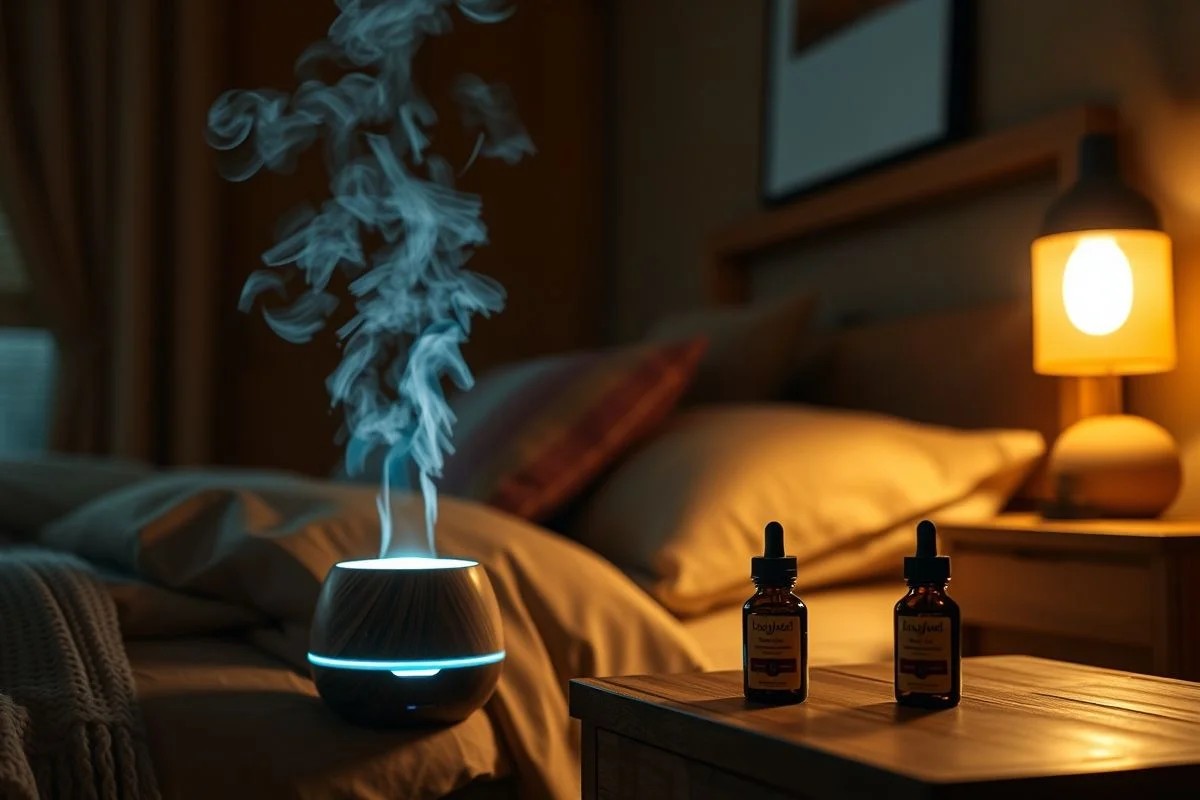 Difusor de aroma em quarto escuro com óleos essenciais.