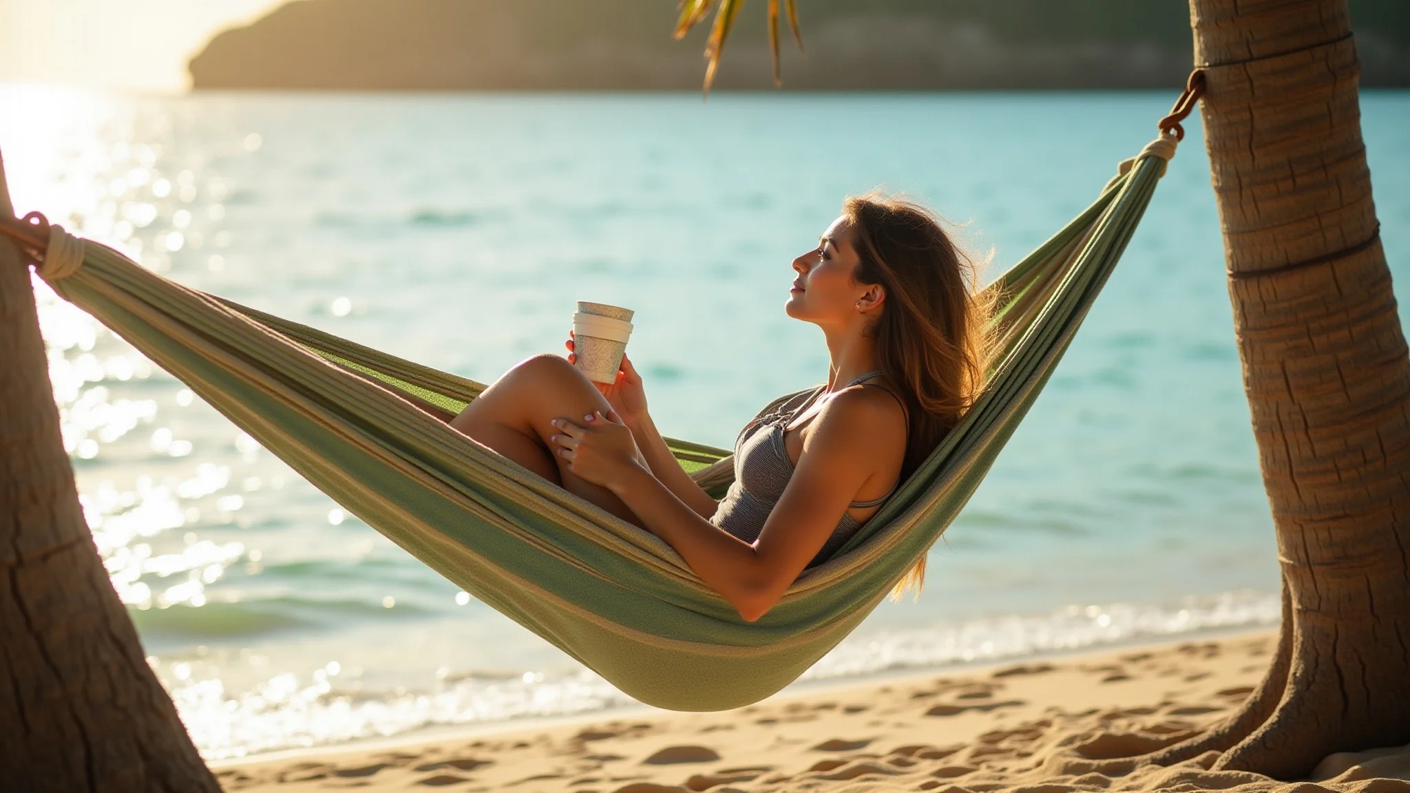 Mulher relaxando em uma rede na praia de Arraial d'Ajuda, Bahia, em busca de paz e tranquilidade.