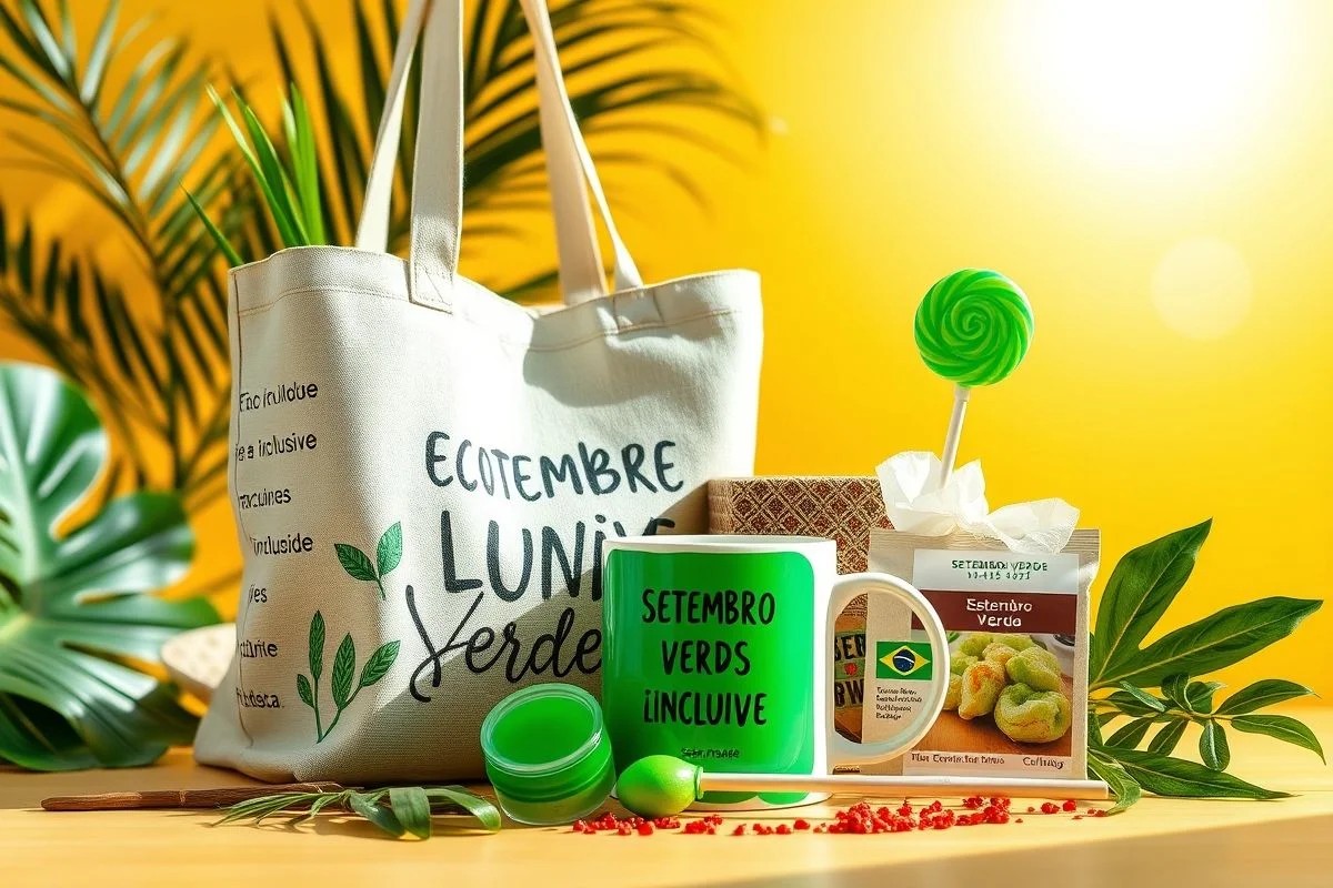 Lembrancinhas Setembro Verde: ecobag, caneca, sementes e pirulito.