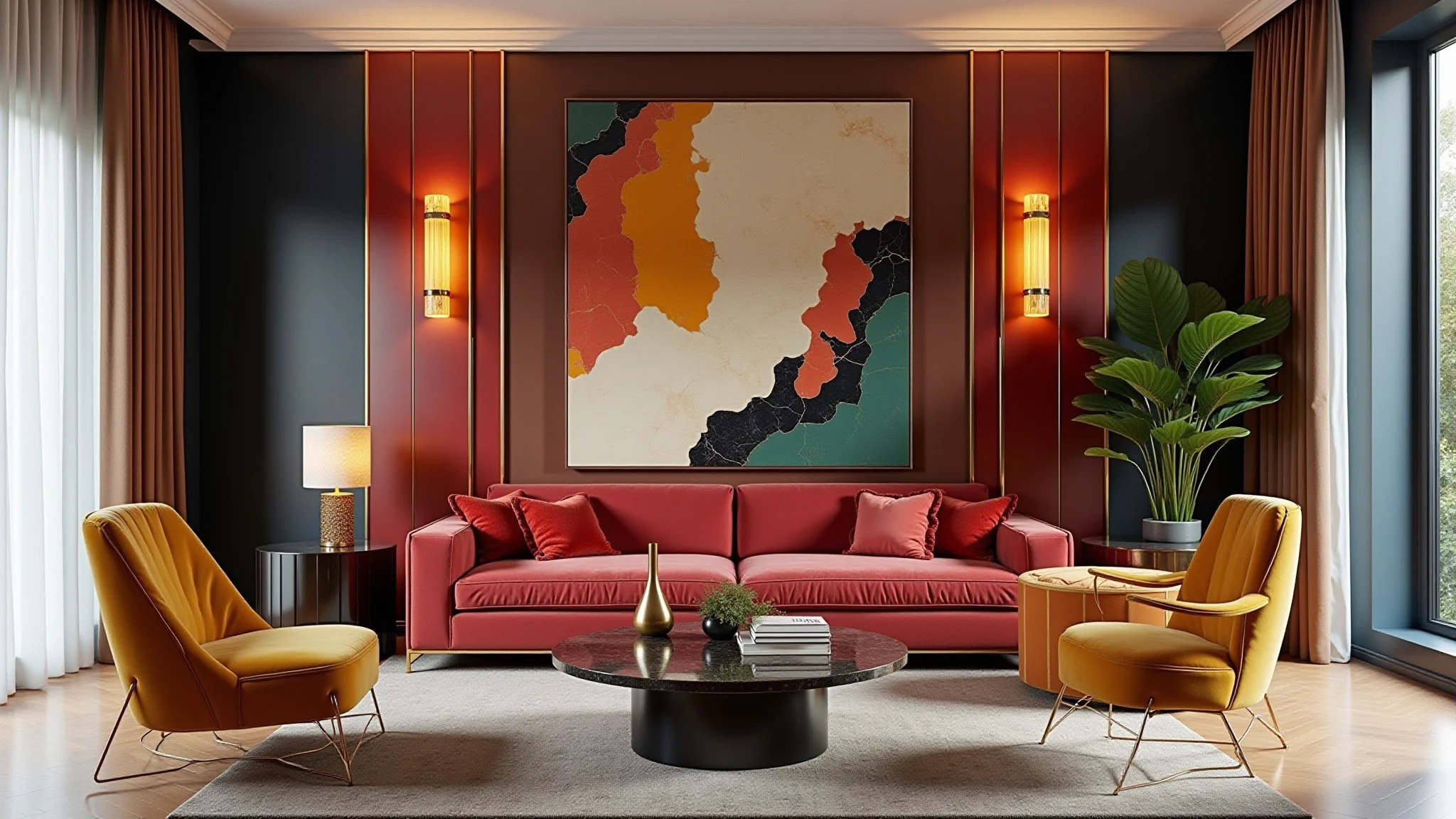 Sala de estar Art Déco com formas geométricas e materiais luxuosos.
