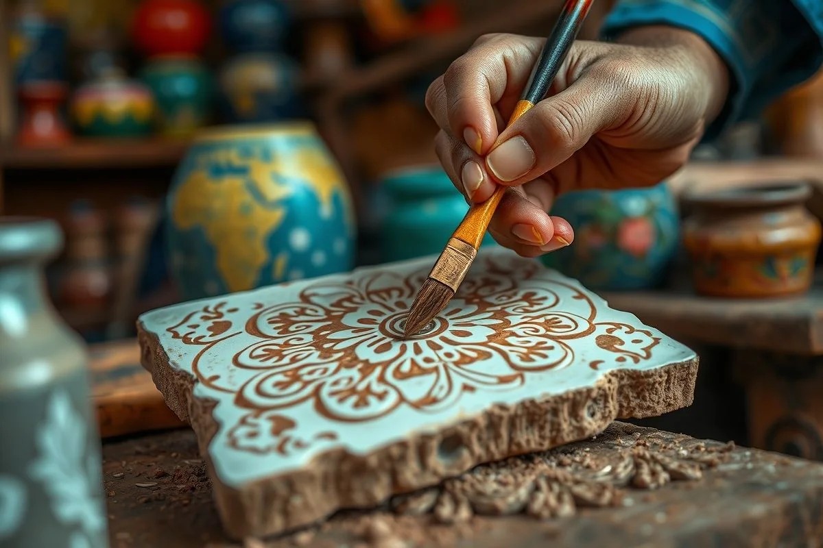 Artesão detalhando cerâmica com pincel redondo.