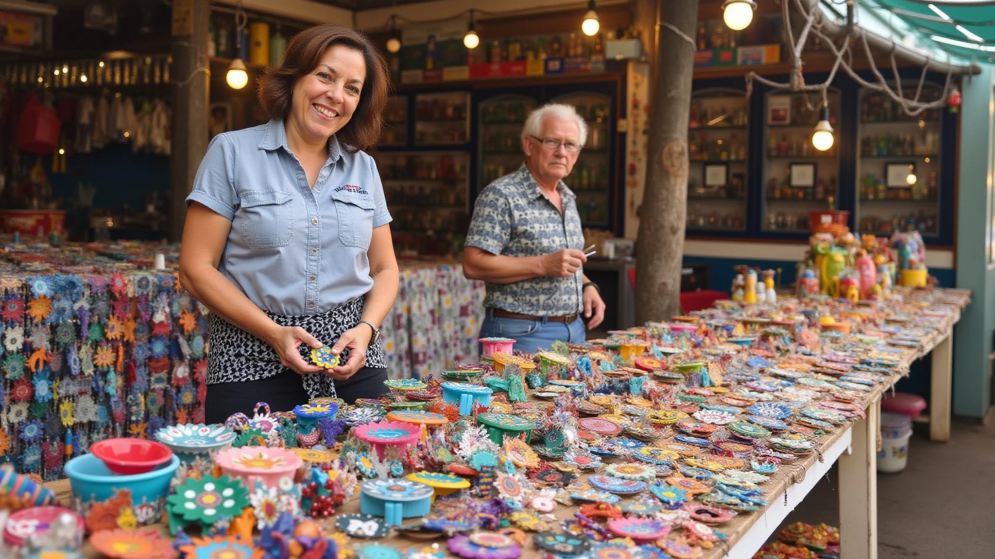 Artesão exibindo artesanato colorido no Mercado Municipal Antônio Franco em Aracaju.