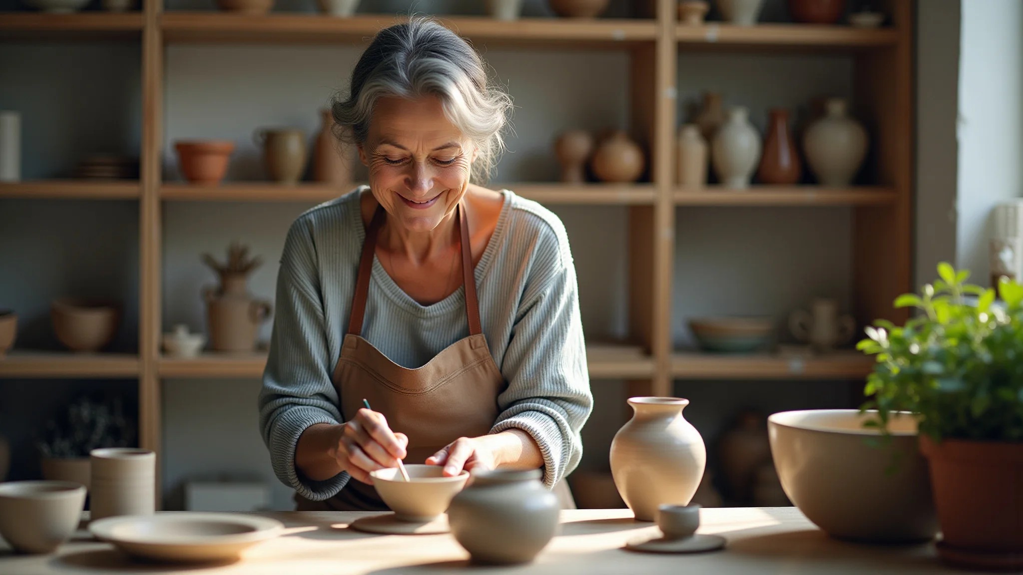 Artesã criando cerâmica wabi-sabi em estúdio iluminado.