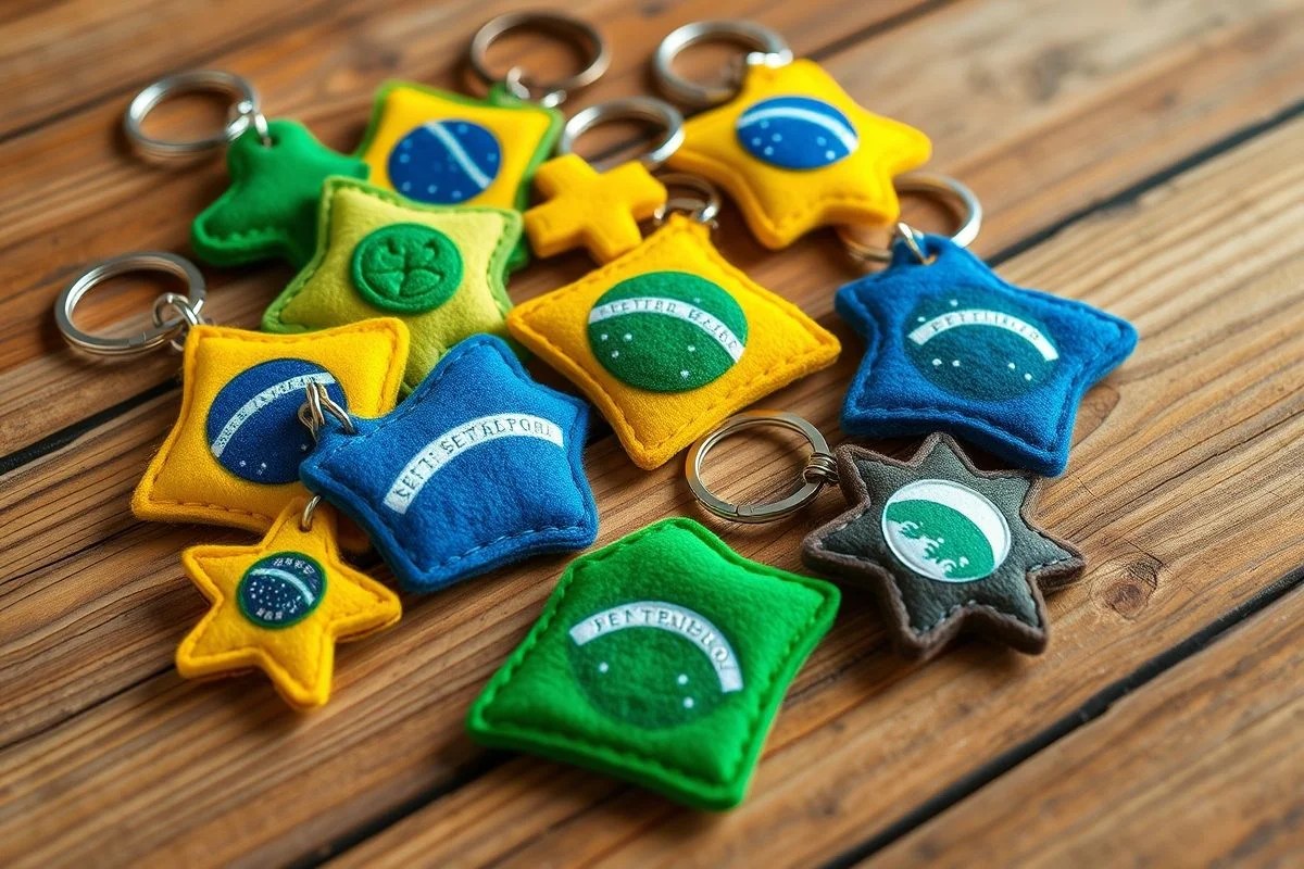 Chaveiros temáticos do 7 de Setembro com cores da bandeira do Brasil.