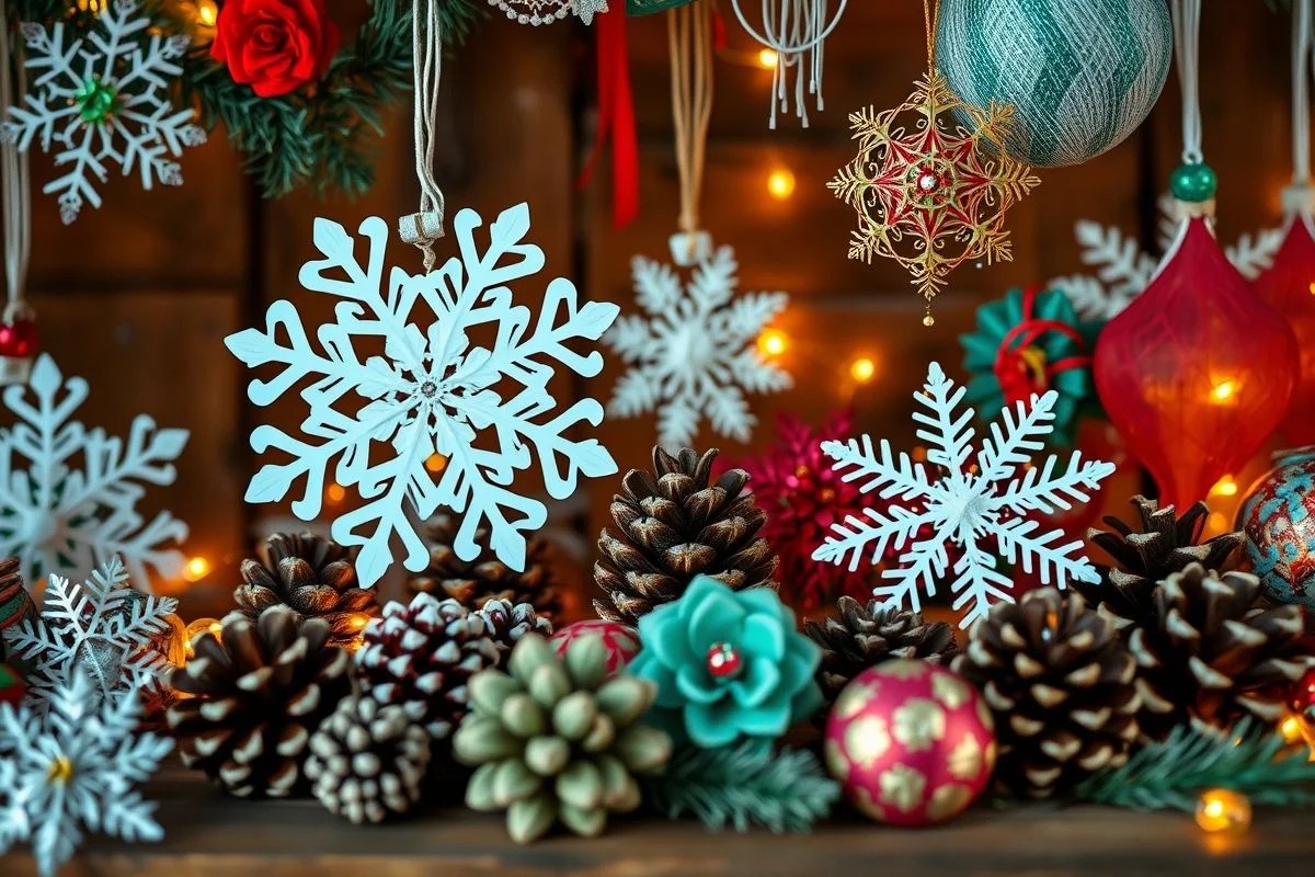 Variedade de enfeites de Natal caseiros em ambiente rústico brasileiro.