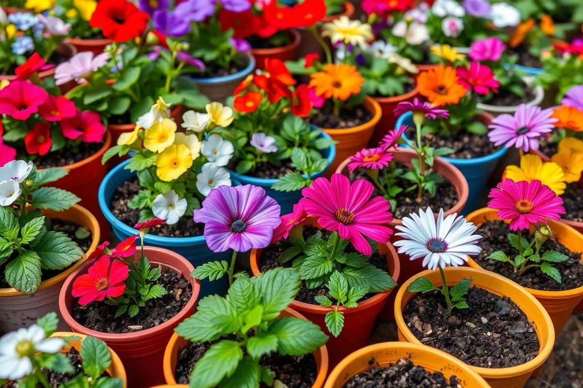 Mudas de flores da primavera (petúnias, cosmos, verbenas) prontas para o plantio.