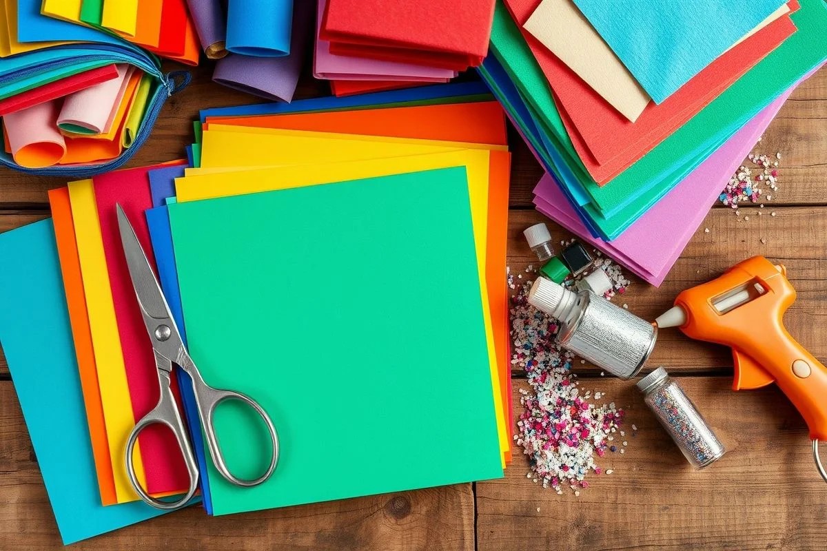 Materiais para artesanato em EVA: folhas coloridas, tesoura, cola e glitter. Tudo para criar!