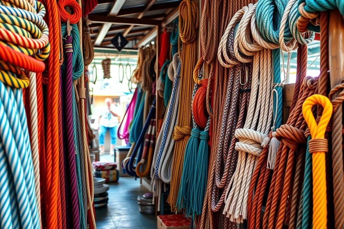 Variedade de fios náuticos coloridos em loja de artesanato no Brasil.