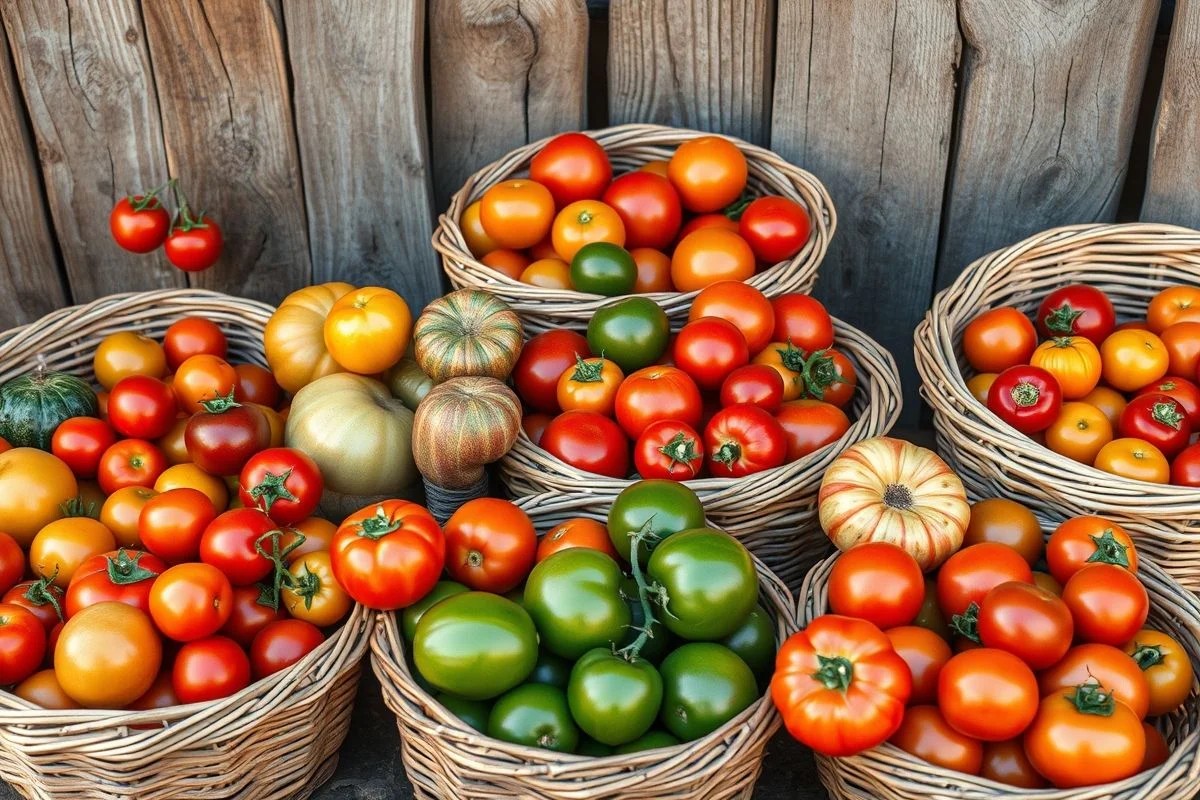 Variedade de tomates coloridos em cestas, horta brasileira.