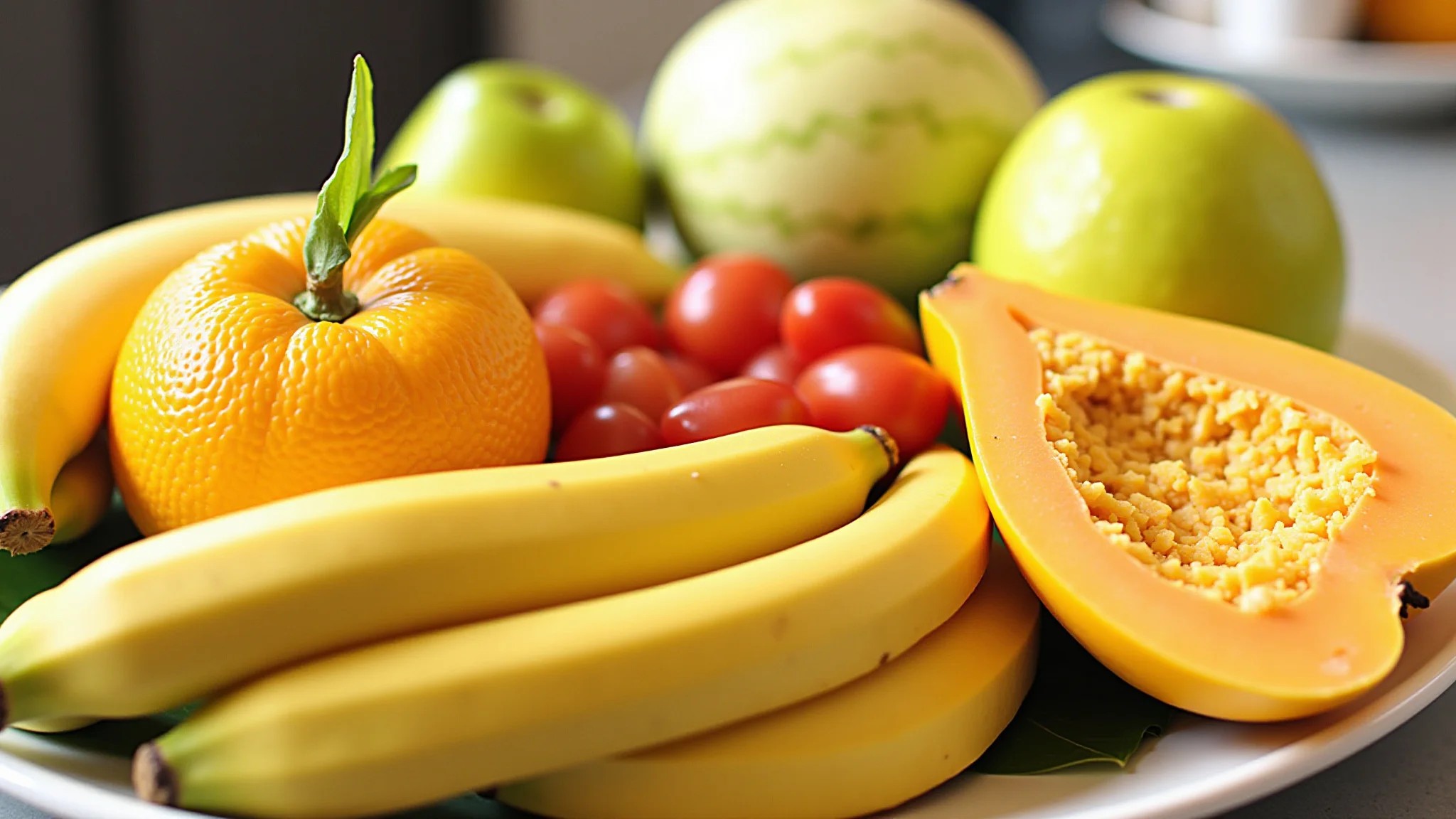 Seleção de frutas tropicais frescas para um café da manhã saudável.