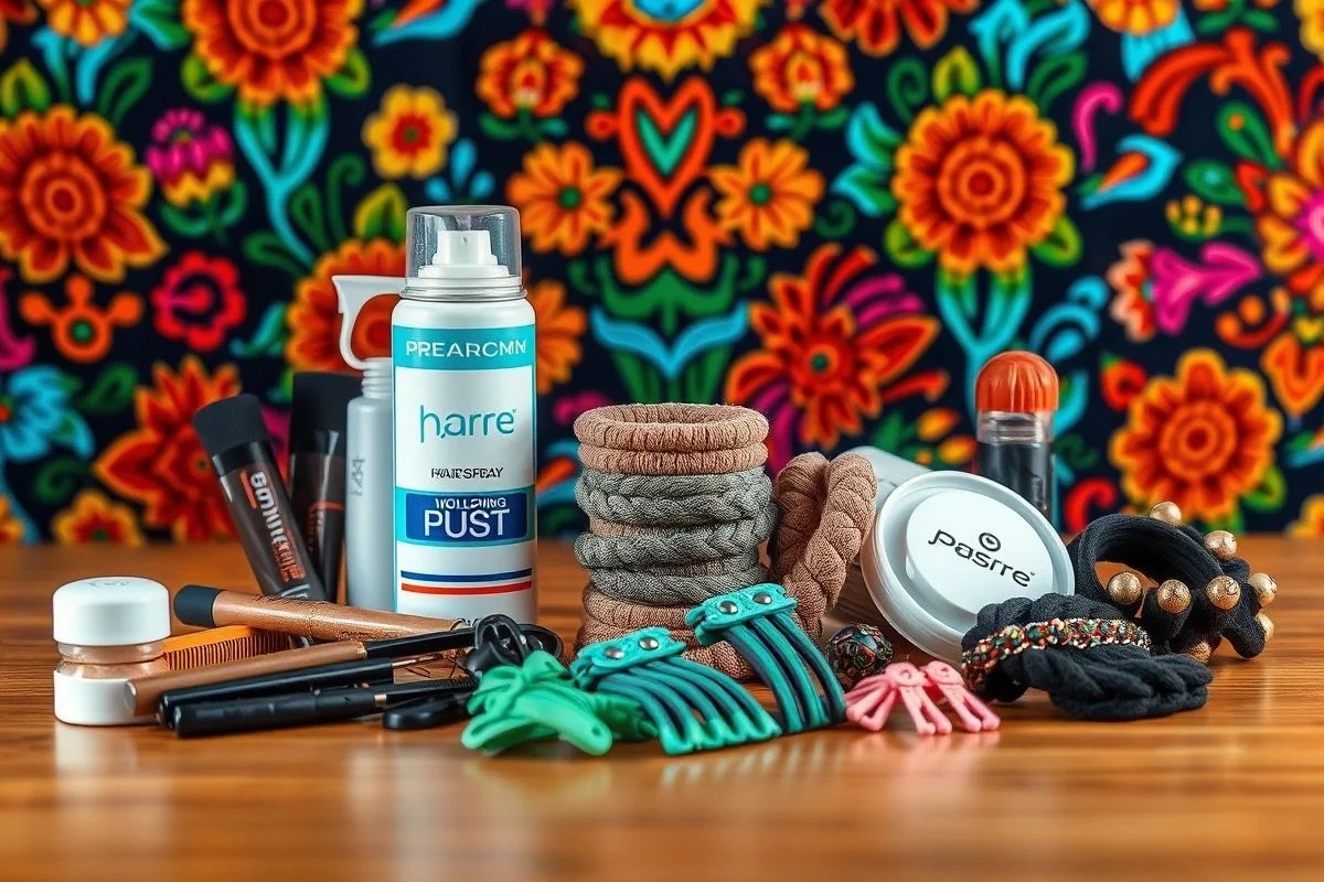 Produtos para cabelo: spray fixador, pomada, elásticos, acessórios.