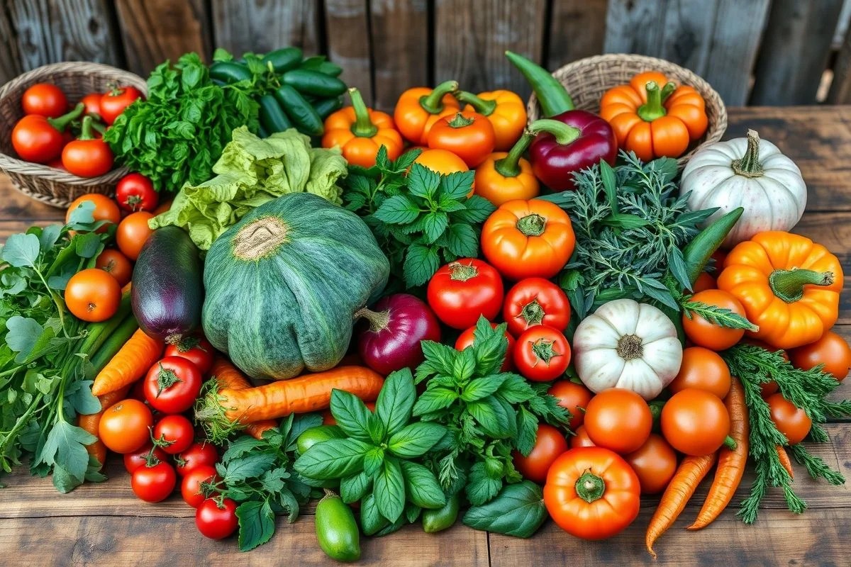 Vegetais e ervas orgânicas colhidas em horta caseira no Brasil. Alimentos frescos.