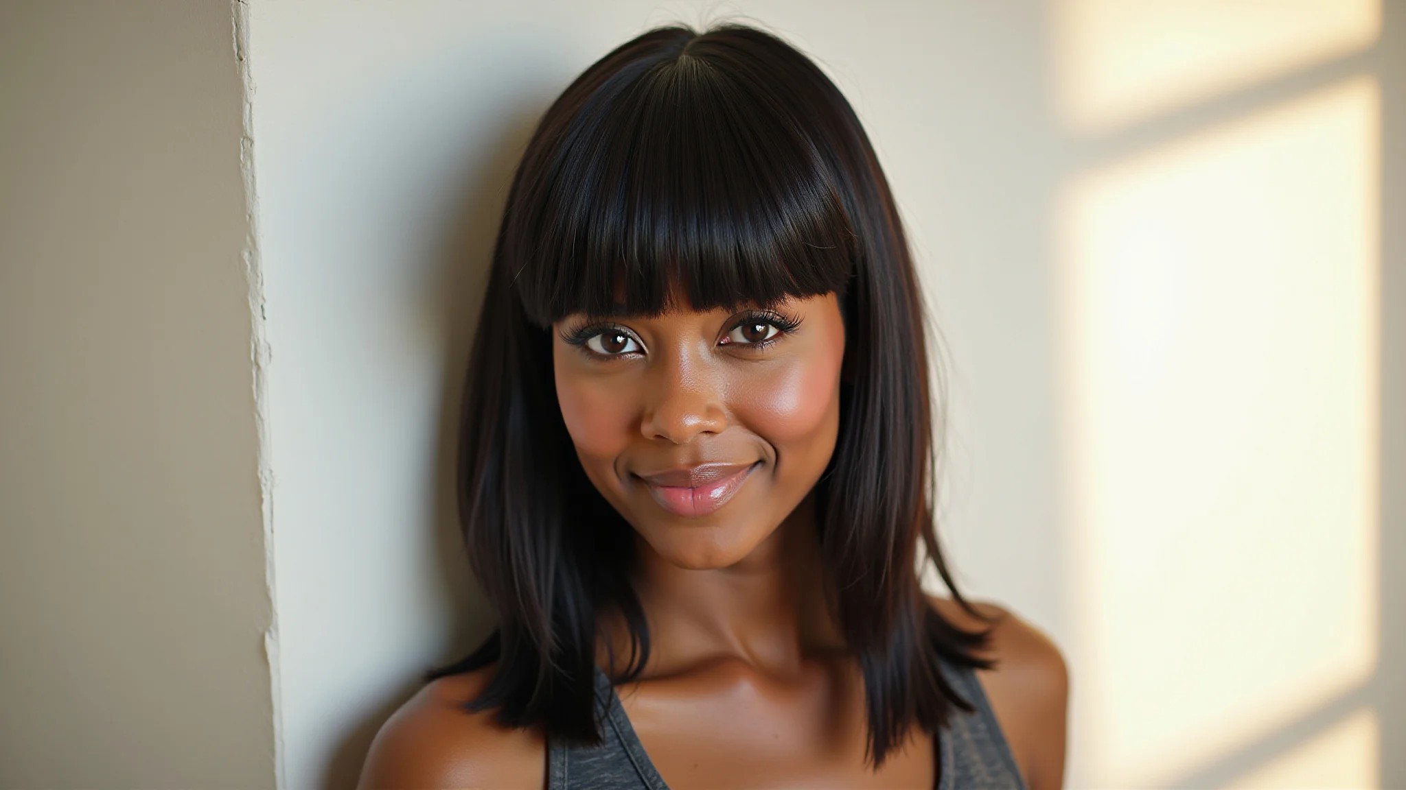 Mulher negra com corte blunt cut assimétrico, confiante.