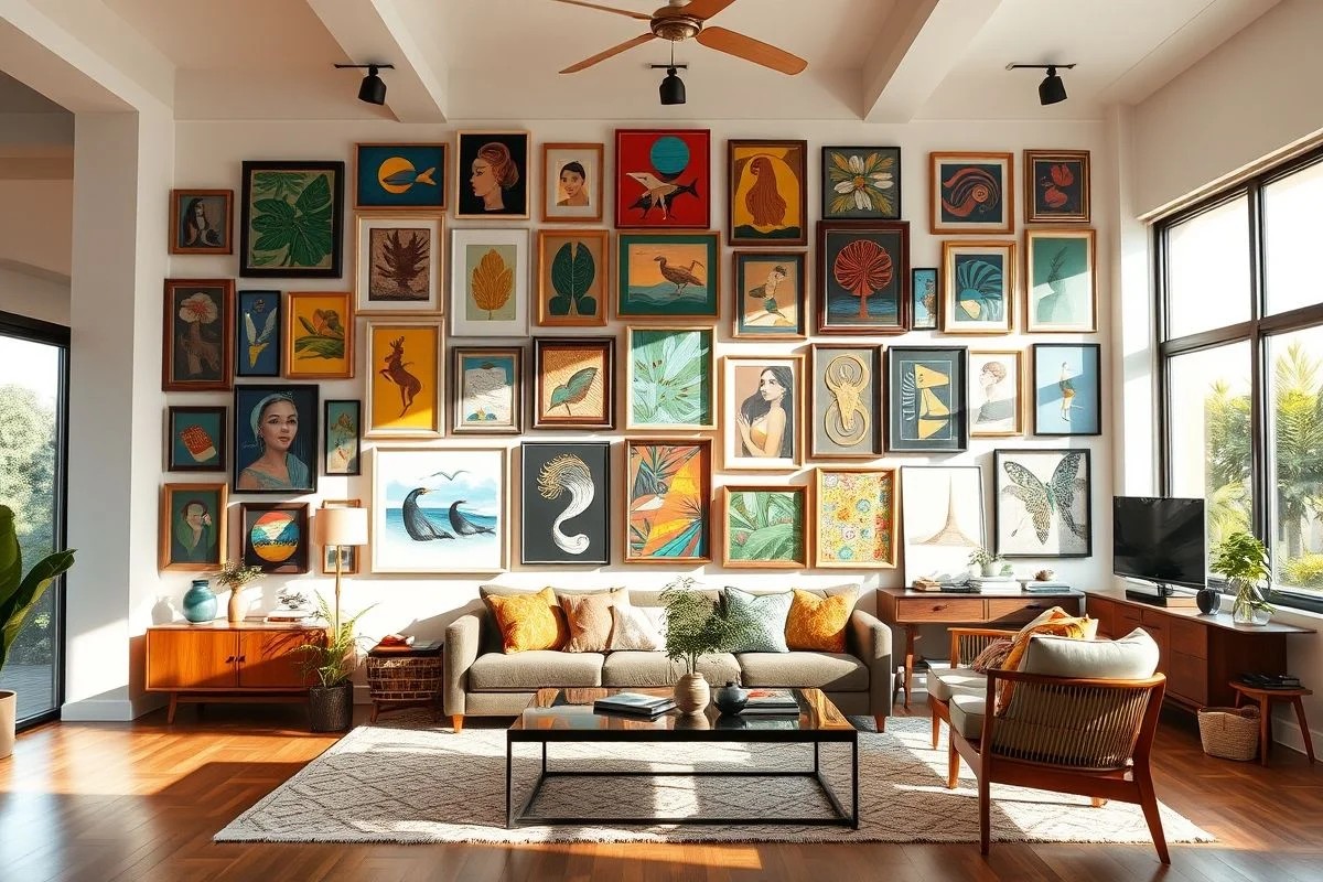 Gallery wall assimétrica em apartamento moderno no Brasil, com diversos quadros.