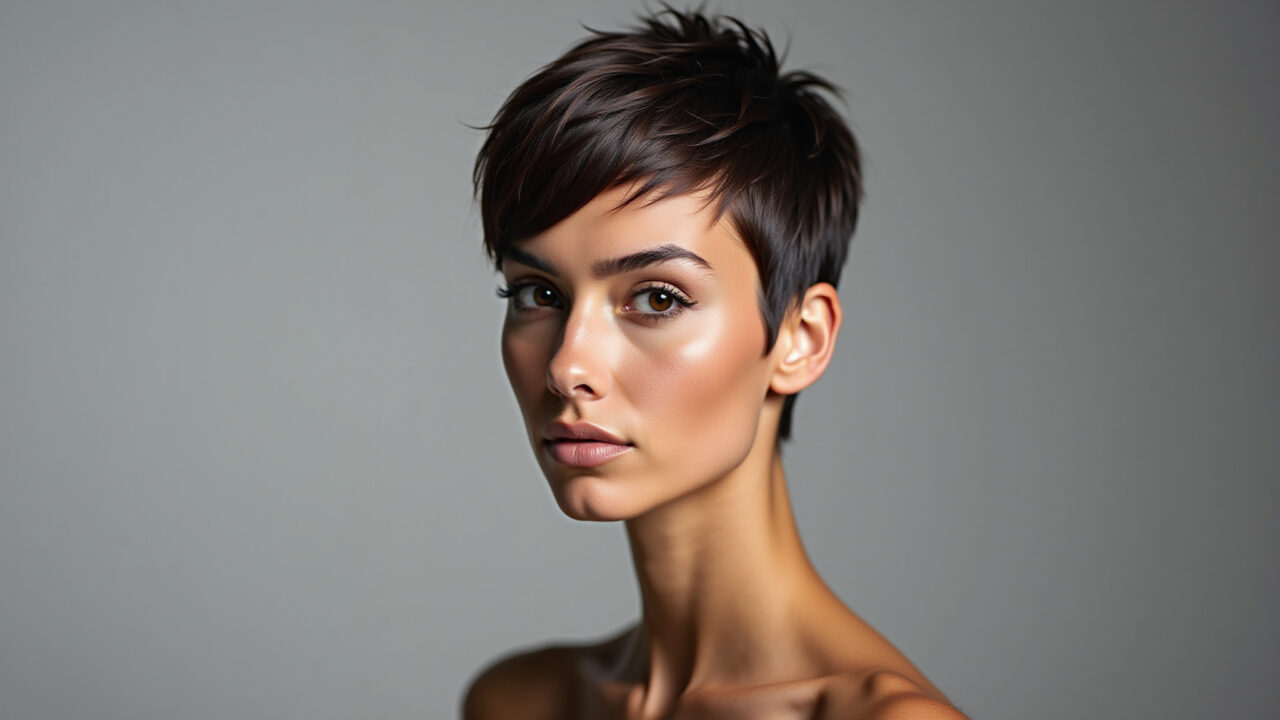 Pixie assimétrico com volume no topo para afinar rosto quadrado.
