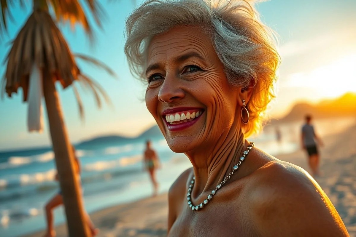 Mulher brasileira 60+ sorrindo na praia do Rio, envelhecimento saudável