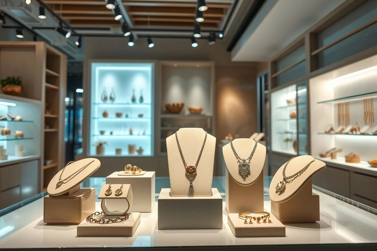 Jóias artesanais em exibição elegante em boutique brasileira, representando produtos de alto valor.