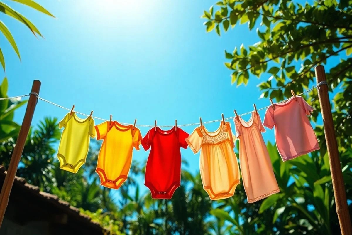 Roupas de bebê brancas secando ao sol após tratamento com sal.