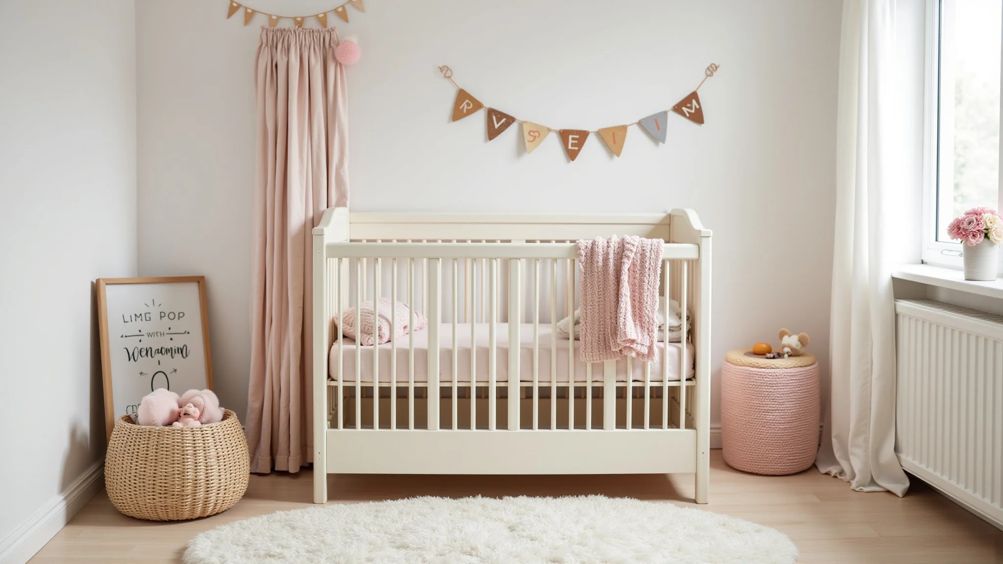 Quarto de bebê menina estilo Montessoriano, móveis baixos e tapete macio.