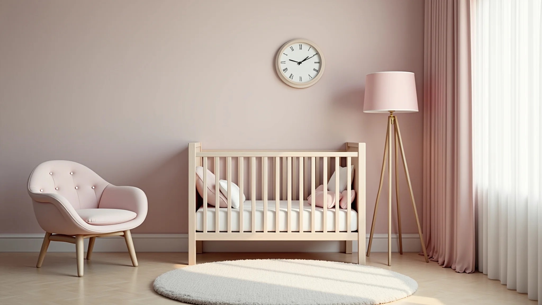 Quarto de bebê menina em tons neutros, design elegante e poltrona confortável.