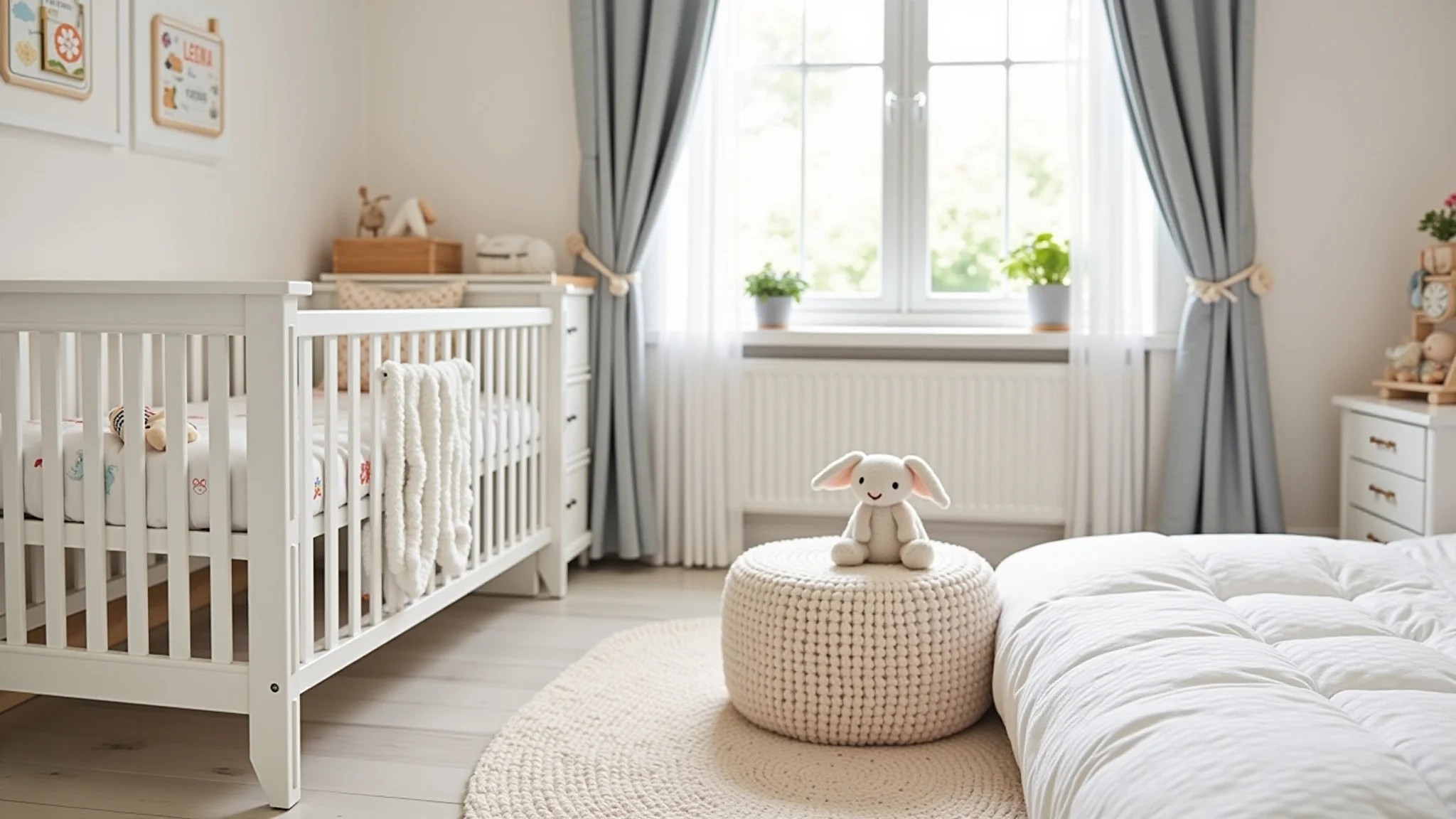 Quarto de bebê neutro com detalhes personalizados e brinquedos macios.