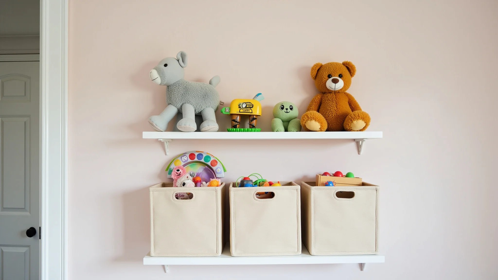 Organização de quarto de bebê, prateleiras com brinquedos, caixas organizadoras, cores pastel, lar brasileiro.