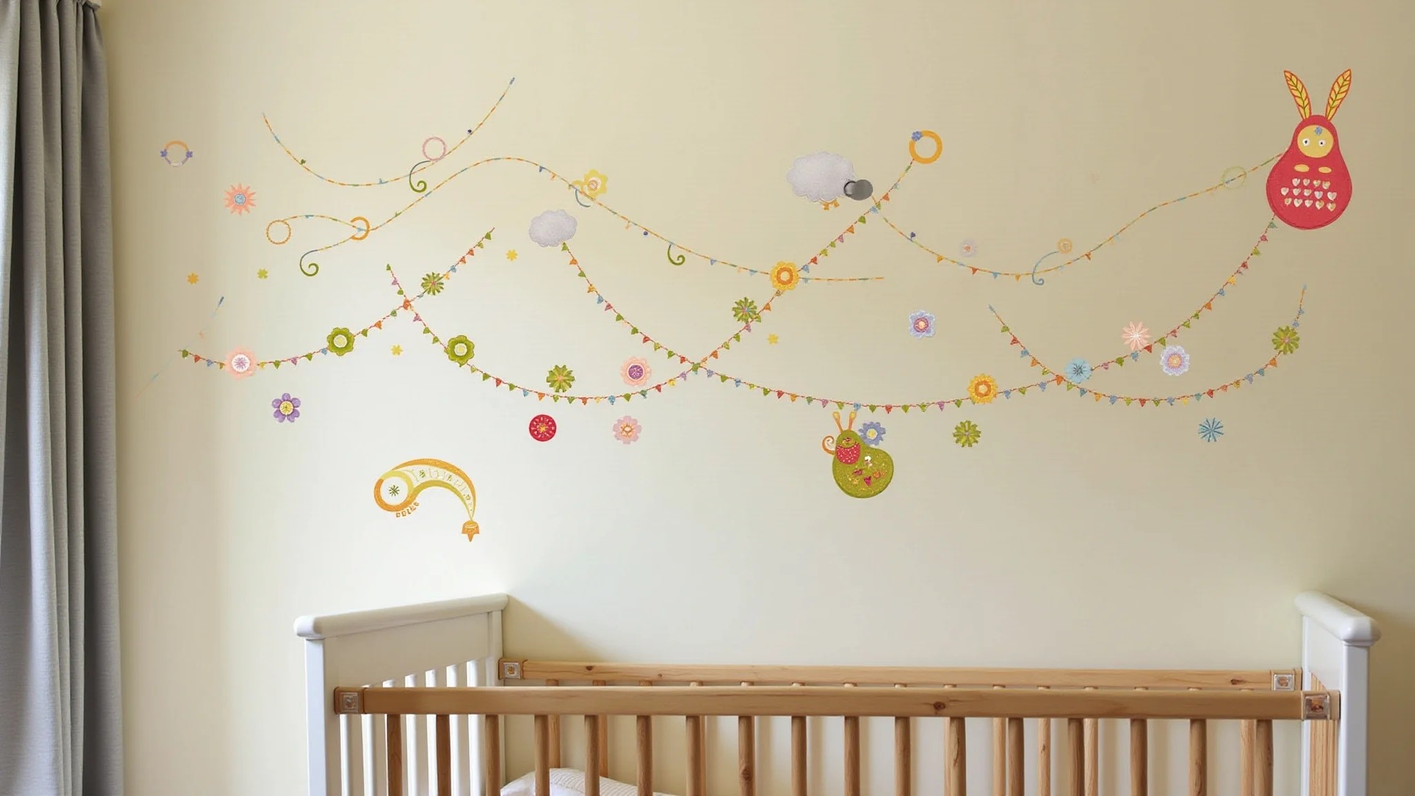 Decoração de parede de quarto de bebê, adesivos coloridos, artesanato, iluminação brilhante, arte brasileira.