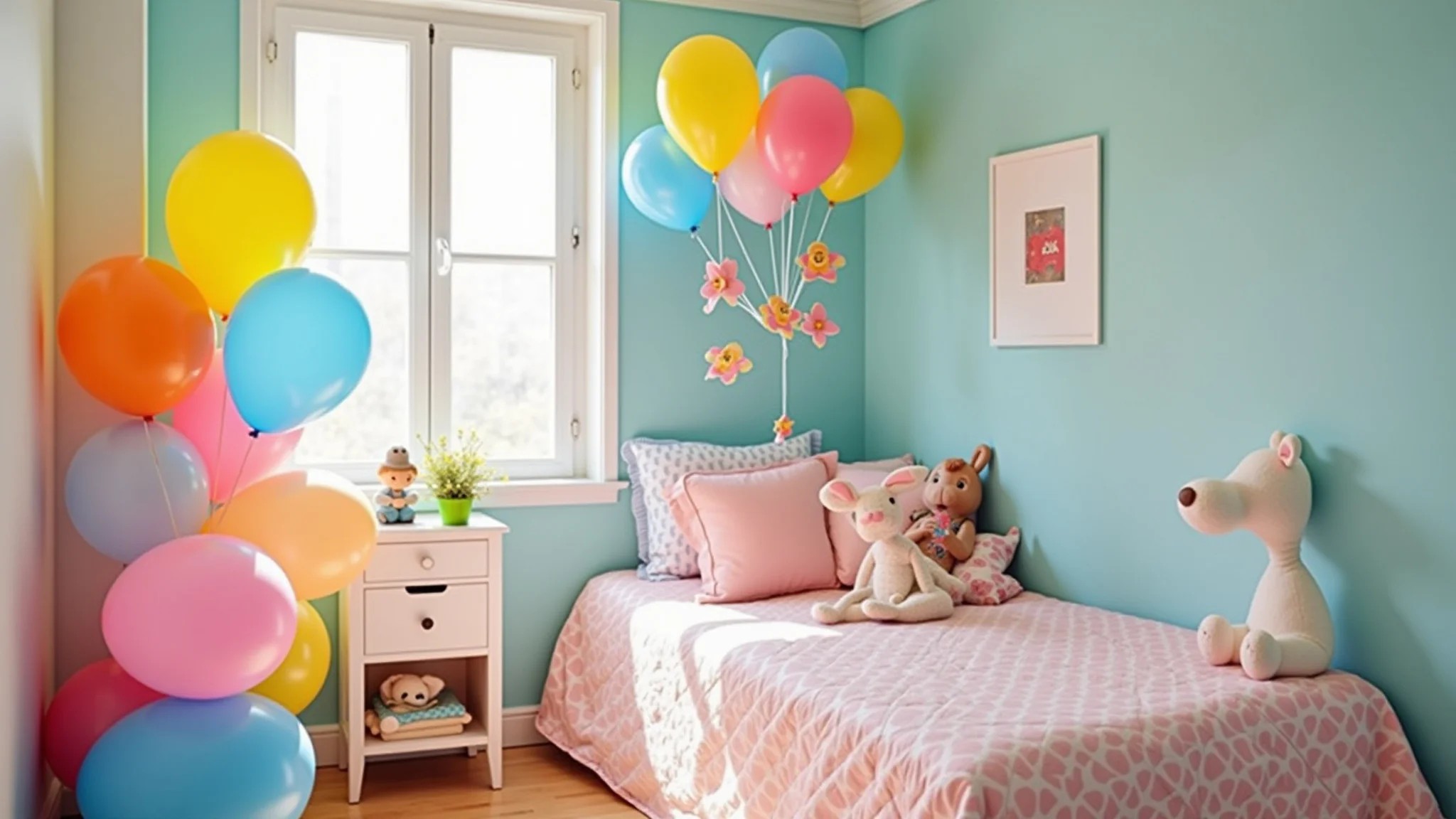 Quarto de bebê com tema de balões, cores vibrantes, móbile de balões.