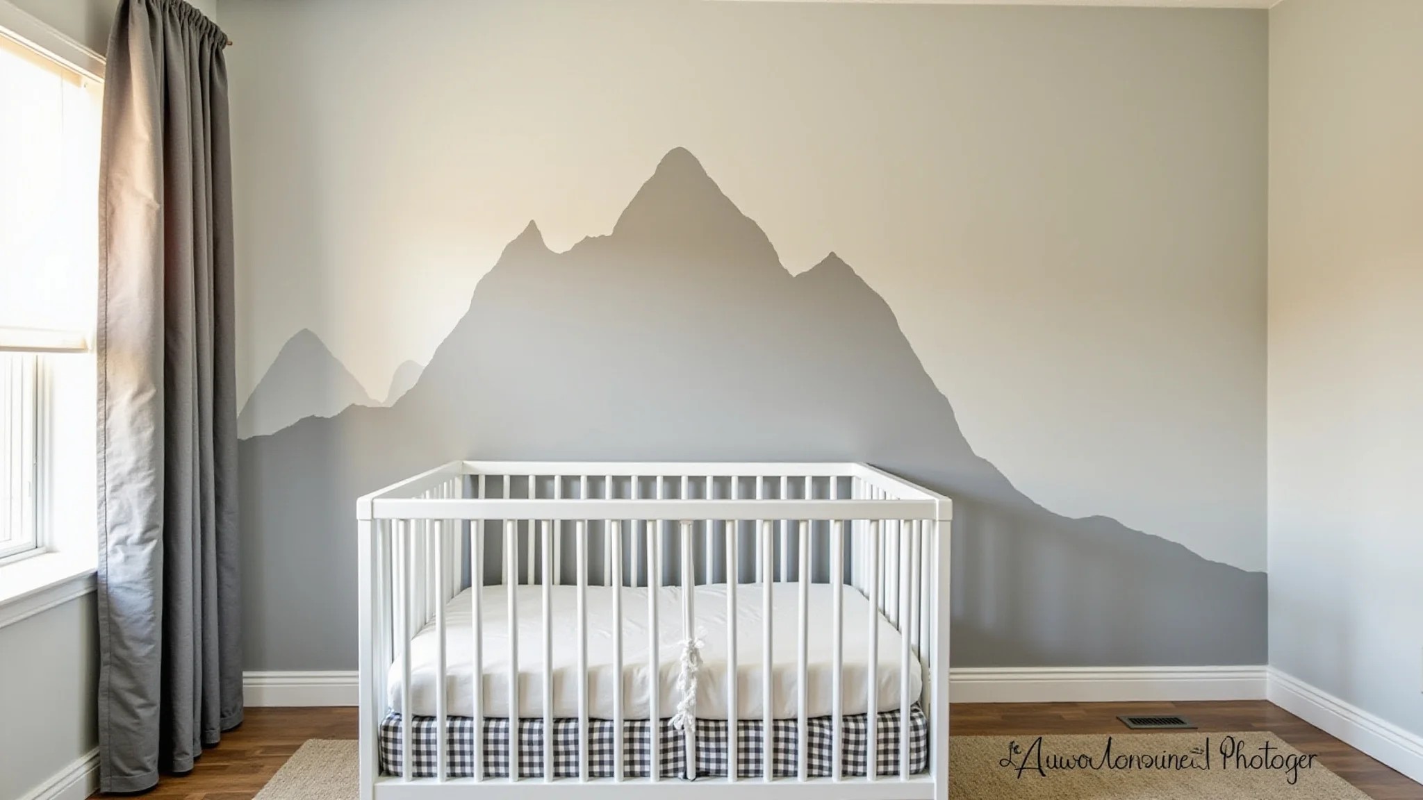 Quarto de bebê com tema de montanhas, cores cinza e branco, silhuetas de montanhas.