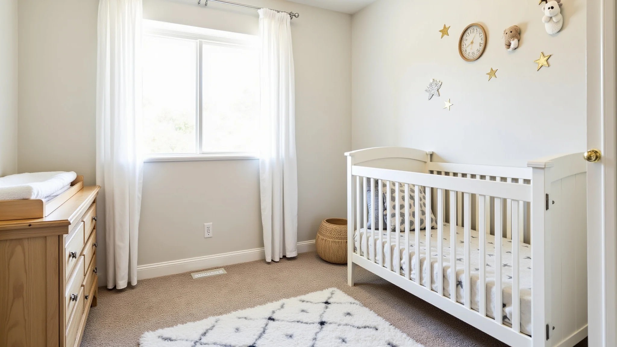Quarto de bebê neutro com móveis funcionais e trocador.