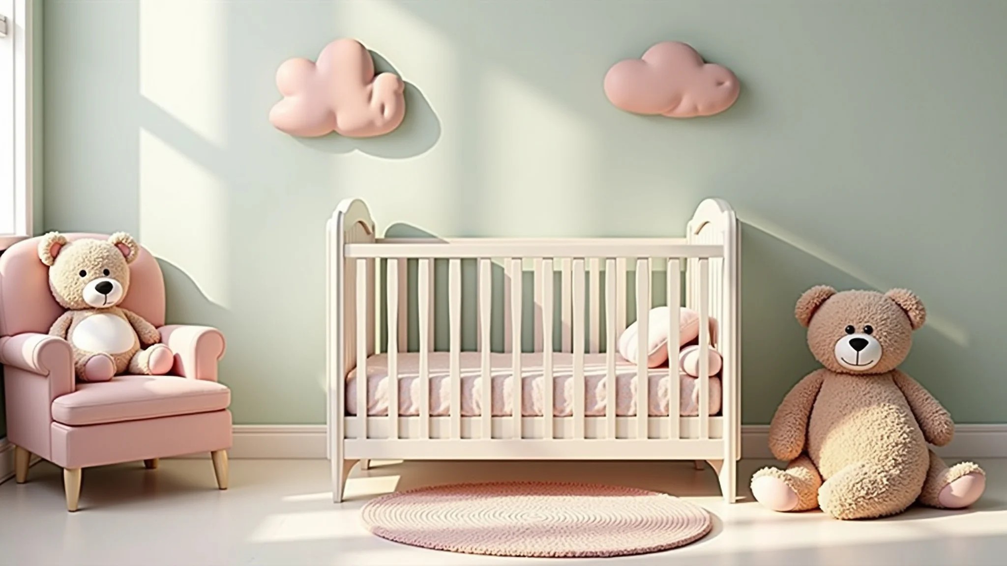 Quarto de bebê com tema de ursinhos, cores pastel, iluminação suave, ursos de pelúcia.