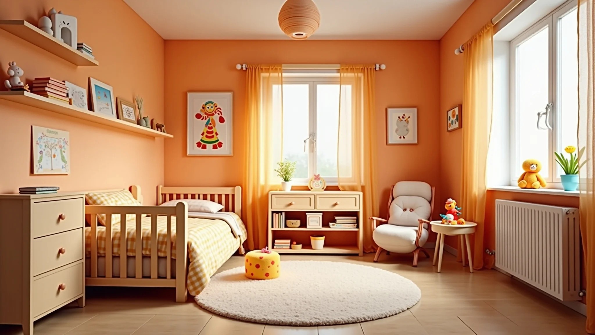 Quarto de bebê com cores quentes e detalhes lúdicos.