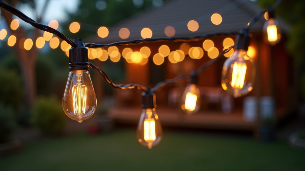 Quintal com varal de luzes com lâmpadas de filamento, criando um clima festivo.