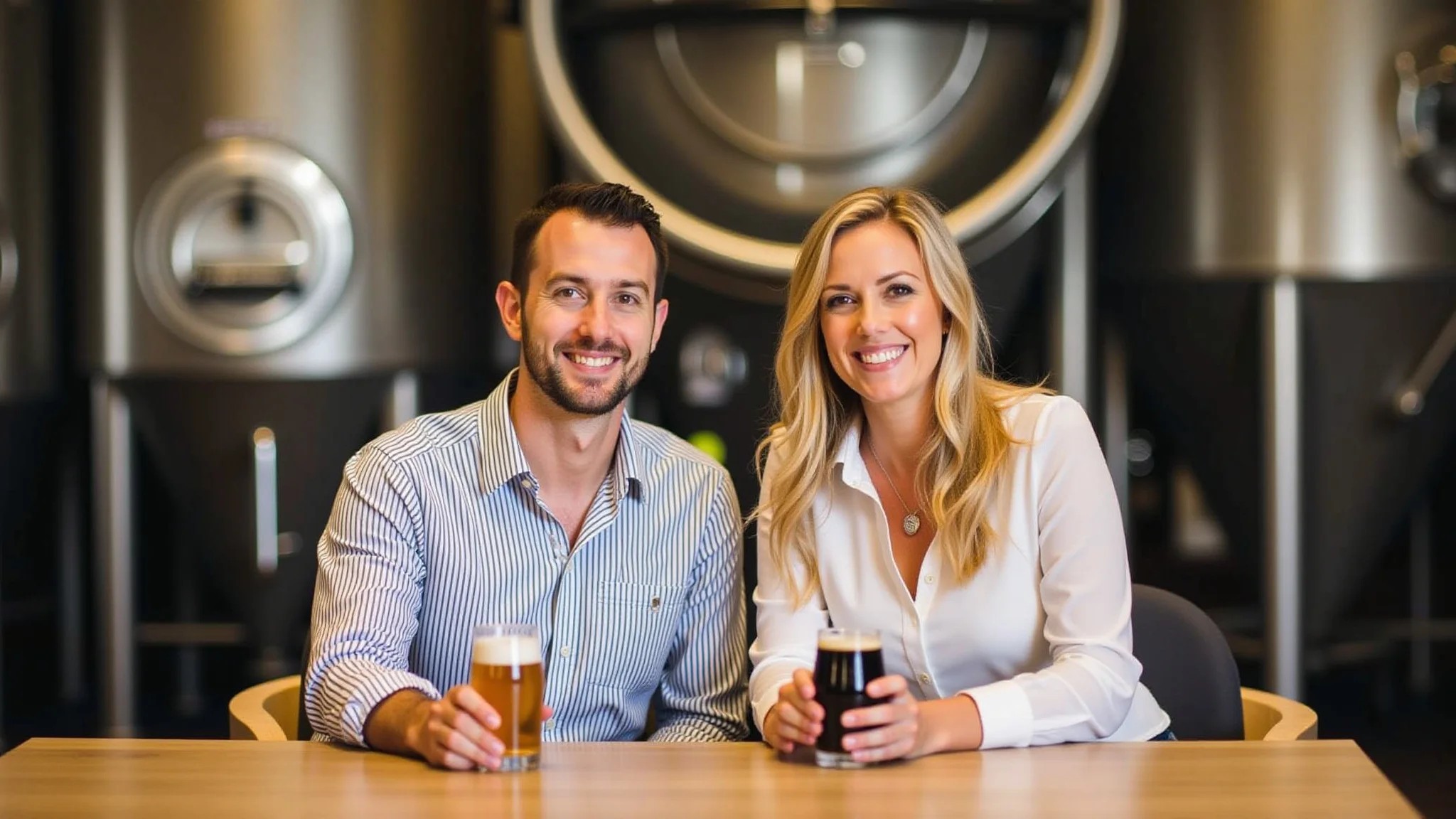 Tour cervejeiro na Baden Baden em Campos do Jordão, casal feliz degustando cerveja artesanal.