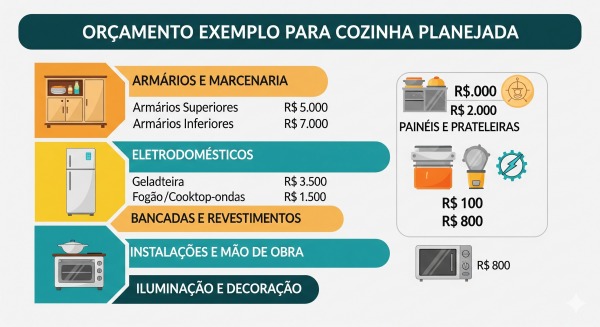 Infográfico com exemplo de orçamento detalhado para cozinha planejada.