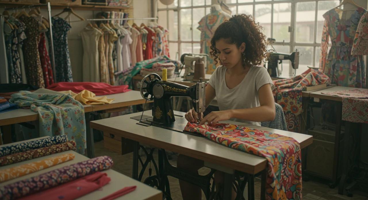 Ateliê de costura brasileiro organizado, tecidos coloridos, máquina de costura e artesã trabalhando.