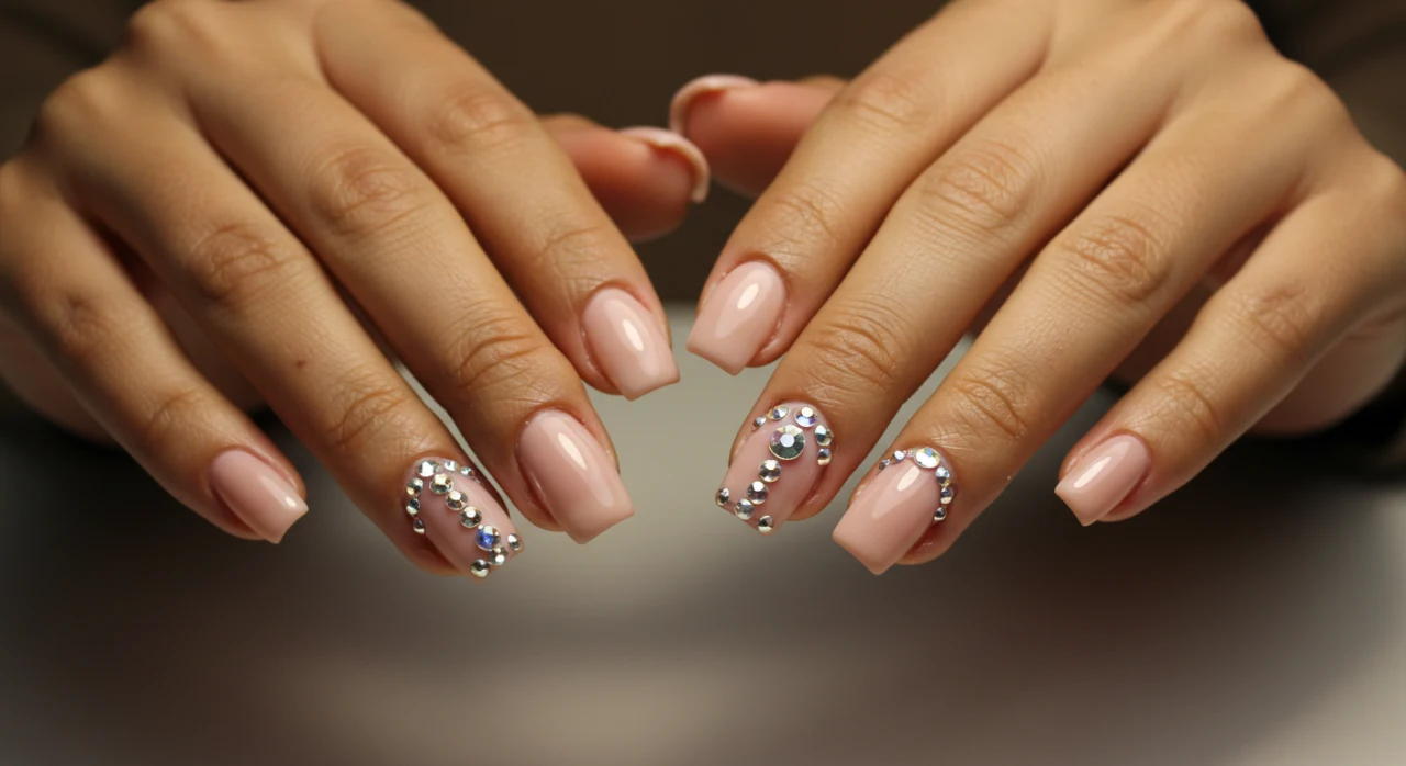 Filha única com strass brilhantes, unha em destaque, esmalte neutro, mãos brasileiras.