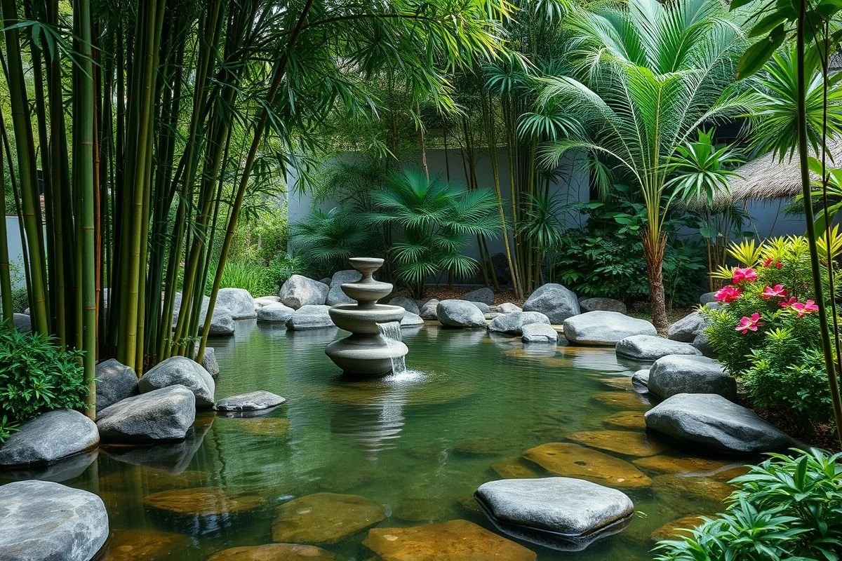 Fonte de bambu em jardim zen brasileiro, pedras e vegetação exuberante.